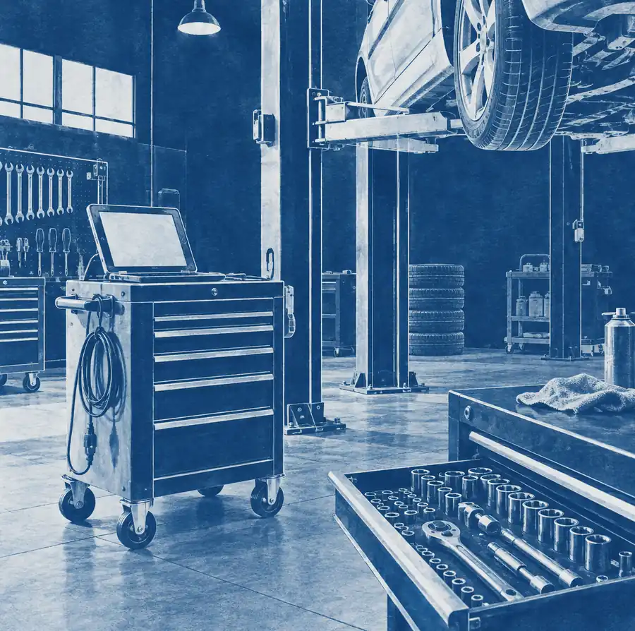 Illustration of auto repair shops equipment and workspace